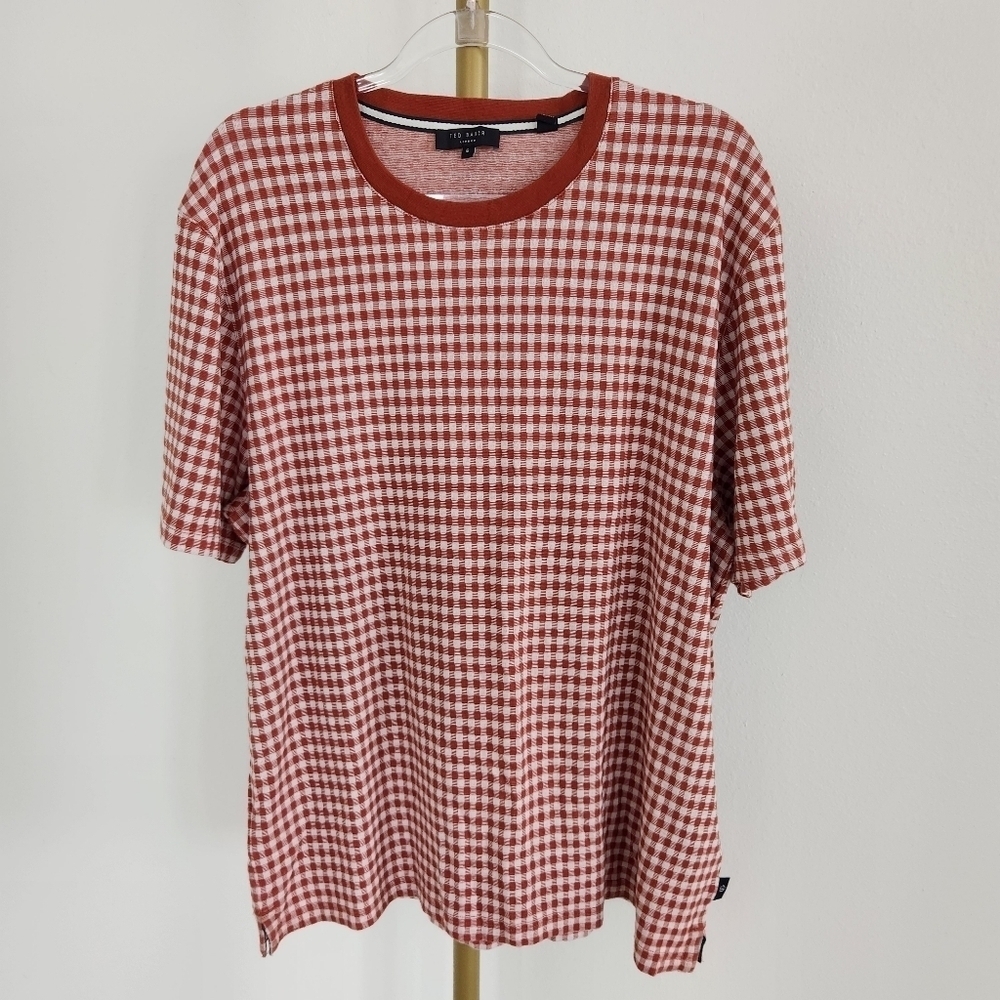 Ted Baker London 6 Gingham Plaid Short Sleeve Tee Mens Size 2XL Brown
